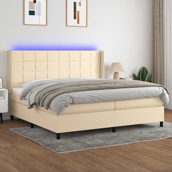 LED-valgustusega kontinentaalvoodi koos 2 madratsiga, kreemjasvalge, 200 × 200 cm, kangas — mudel 3138346