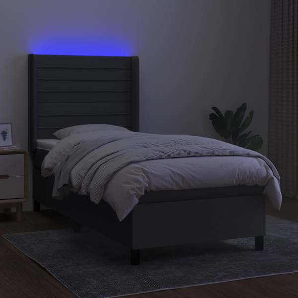 LED-valgustusega kontinentaalvoodi koos madratsiga, tumehall, 90 × 190 cm, kangas — mudel 3138358