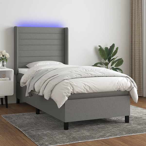 LED-valgustusega kontinentaalvoodi koos madratsiga, tumehall, 90 × 190 cm, kangas — mudel 3138358
