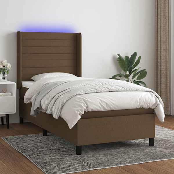 LED-valgustusega kontinentaalvoodi koos madratsiga, tumepruun, 90 × 190 cm, kangas — mudel 3138360