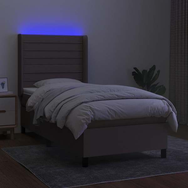 LED-valgustusega kontinentaalvoodi koos madratsiga, pruunikashall, 90 × 190 cm, kangas — mudel 3138361