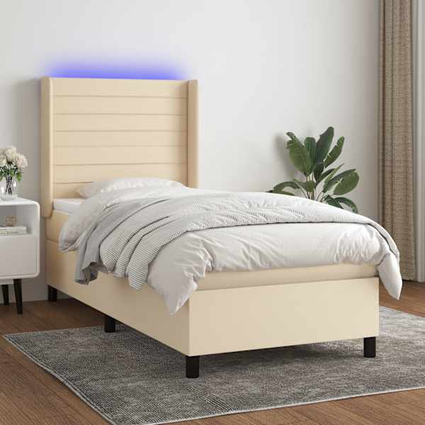 LED-valgustusega kontinentaalvoodi koos madratsiga, kreemjasvalge, 90 × 190 cm, kangas — mudel 3138362