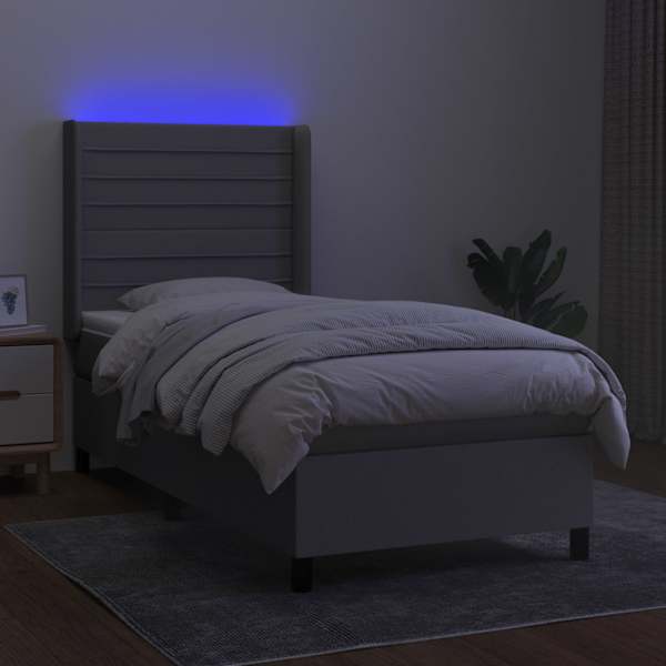 LED-valgustusega kontinentaalvoodi koos madratsiga, helehall, 100 × 200 cm, kangas — mudel 3138373