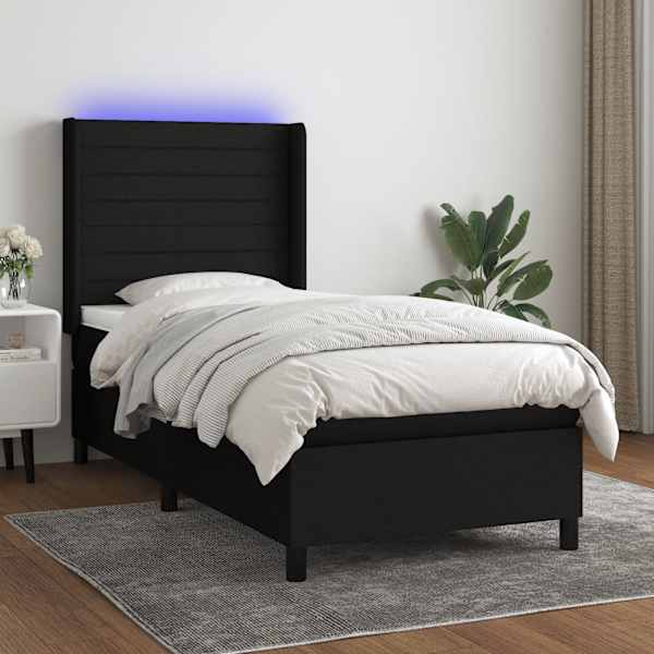 LED-valgustusega kontinentaalvoodi koos madratsiga, must, 100 × 200 cm, kangas — mudel 3138375