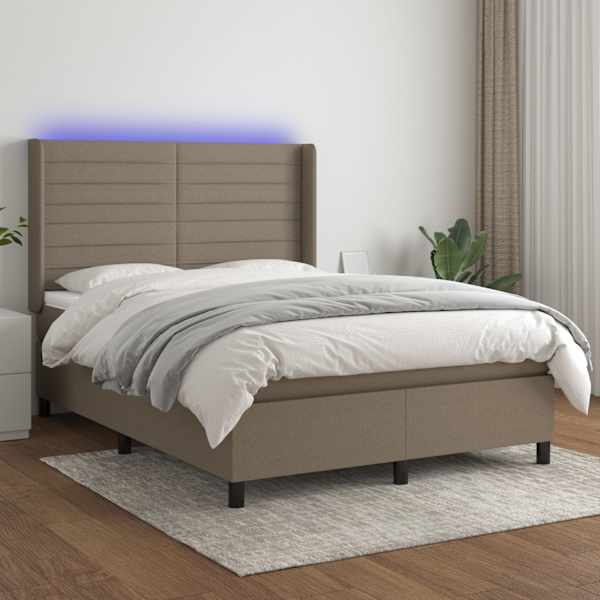 LED-valgustusega kontinentaalvoodi koos madratsiga, pruunikashall, 140 × 190 cm, kangas — mudel 3138393