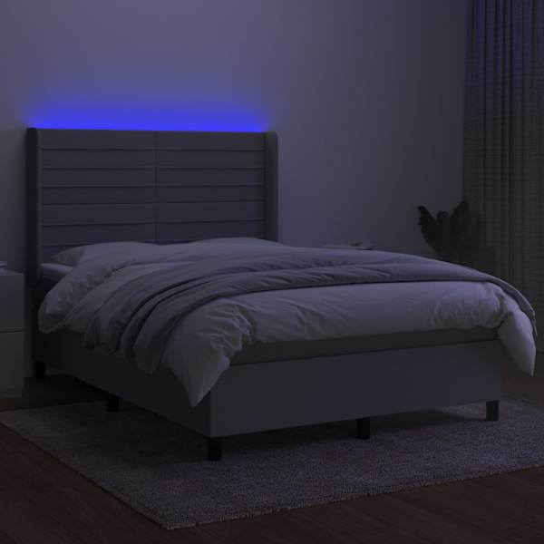 LED-valgustusega kontinentaalvoodi koos madratsiga, helehall, 140 × 200 cm, kangas — mudel 3138397