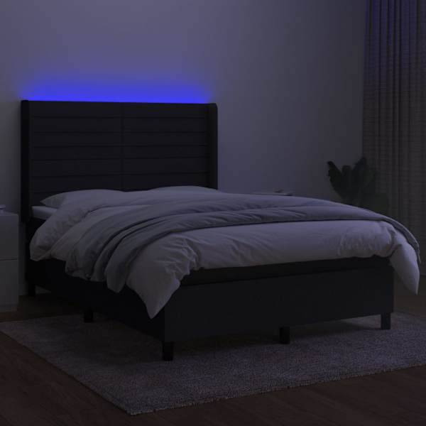 LED-valgustusega kontinentaalvoodi koos madratsiga, must, 140 × 200 cm, kangas — mudel 3138399
