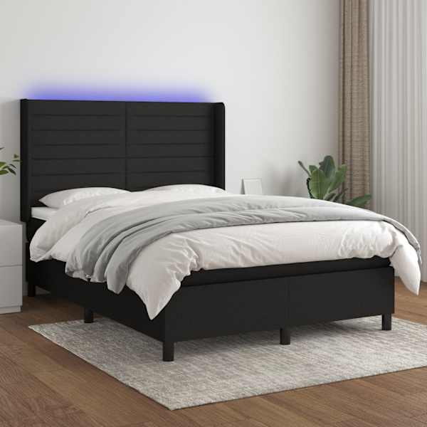 LED-valgustusega kontinentaalvoodi koos madratsiga, must, 140 × 200 cm, kangas — mudel 3138399