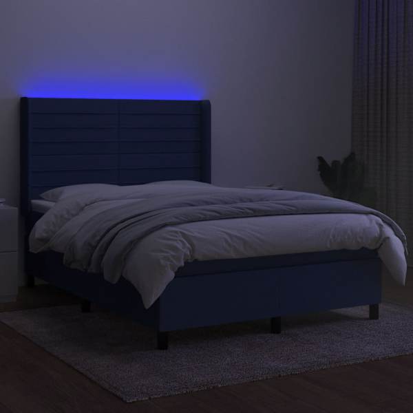 LED-valgustusega kontinentaalvoodi koos madratsiga, sinine, 140 × 200 cm, kangas — mudel 3138403