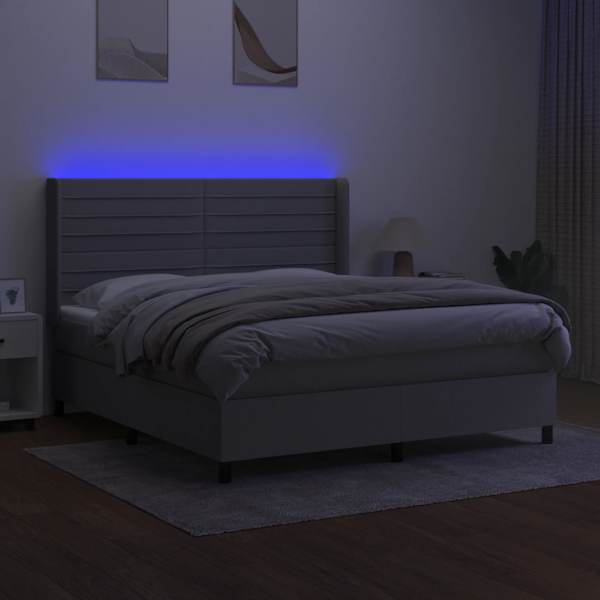 LED-valgustusega kontinentaalvoodi koos madratsiga, helehall, 160 × 200 cm, kangas — mudel 3138405