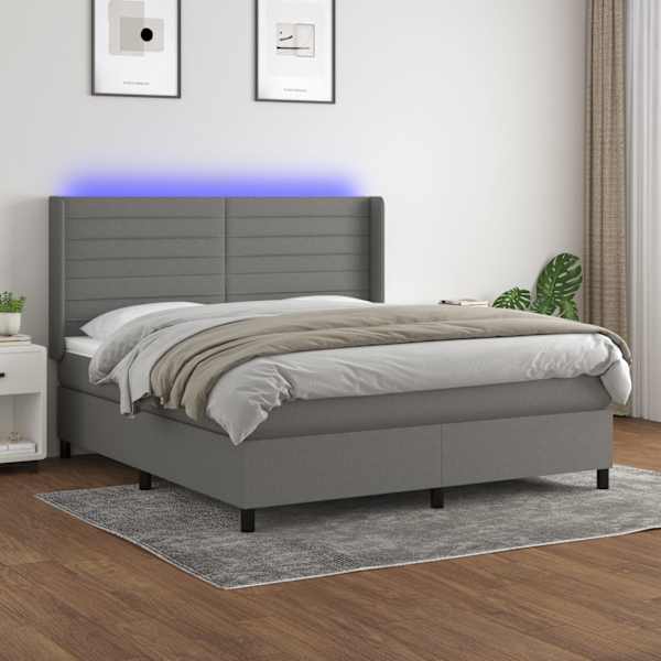 LED-valgustusega kontinentaalvoodi koos madratsiga, tumehall, 160 × 200 cm, kangas — mudel 3138406