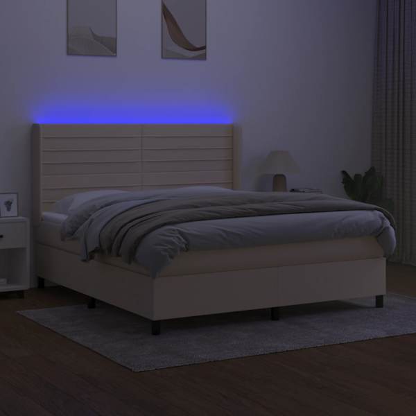 LED-valgustusega kontinentaalvoodi koos madratsiga, kreemjasvalge, 160 × 200 cm, kangas — mudel 3138410