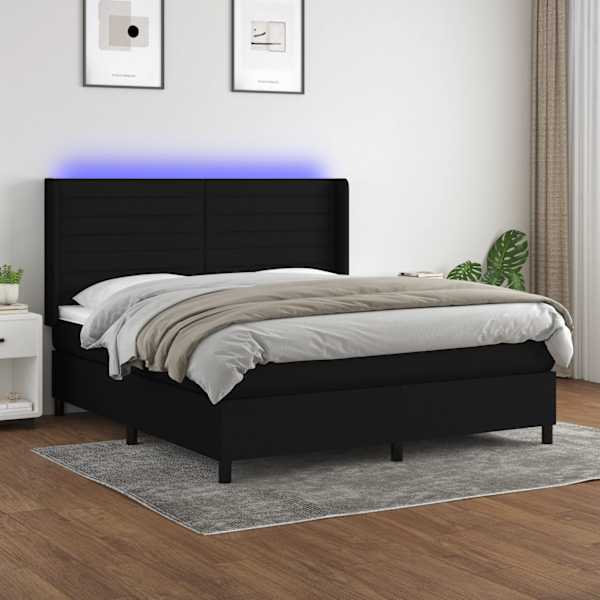 LED-valgustusega kontinentaalvoodi koos madratsiga, must, 180 × 200 cm, kangas — mudel 3138415