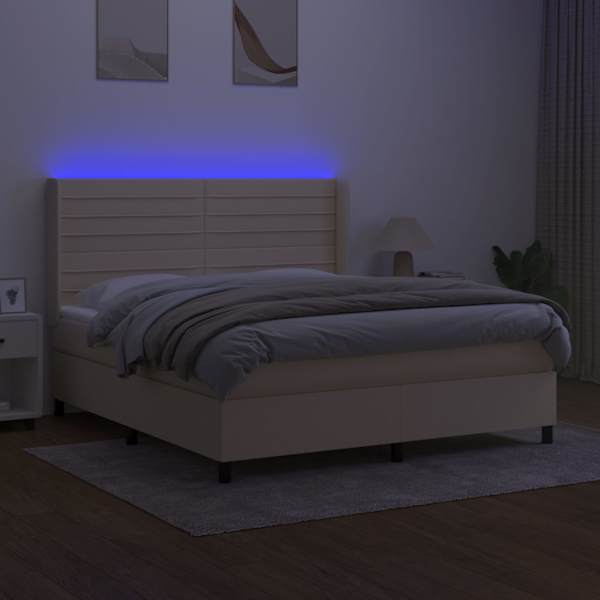 LED-valgustusega kontinentaalvoodi koos madratsiga, kreemjasvalge, 180 × 200 cm, kangas — mudel 3138418