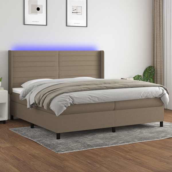 LED-valgustusega kontinentaalvoodi koos 2 madratsiga, pruunikashall, 200 × 200 cm, kangas — mudel 3138425