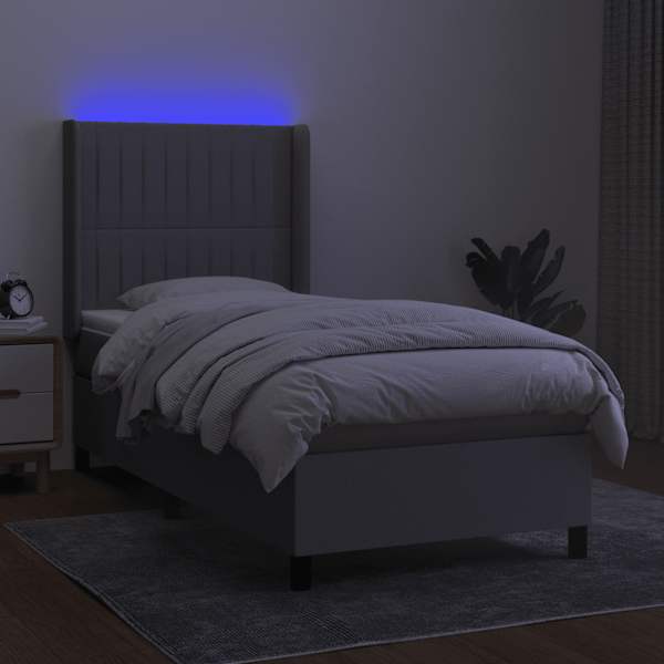 LED-valgustusega kontinentaalvoodi koos madratsiga, helehall, 90 × 190 cm, kangas — mudel 3138437