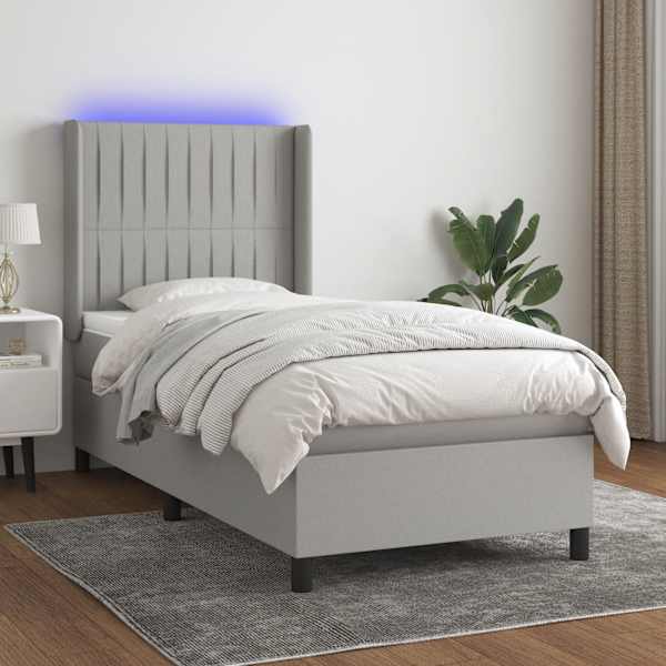 LED-valgustusega kontinentaalvoodi koos madratsiga, helehall, 90 × 190 cm, kangas — mudel 3138437
