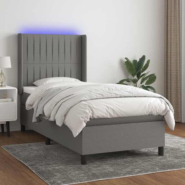 LED-valgustusega kontinentaalvoodi koos madratsiga, tumehall, 90 × 190 cm, kangas — mudel 3138438