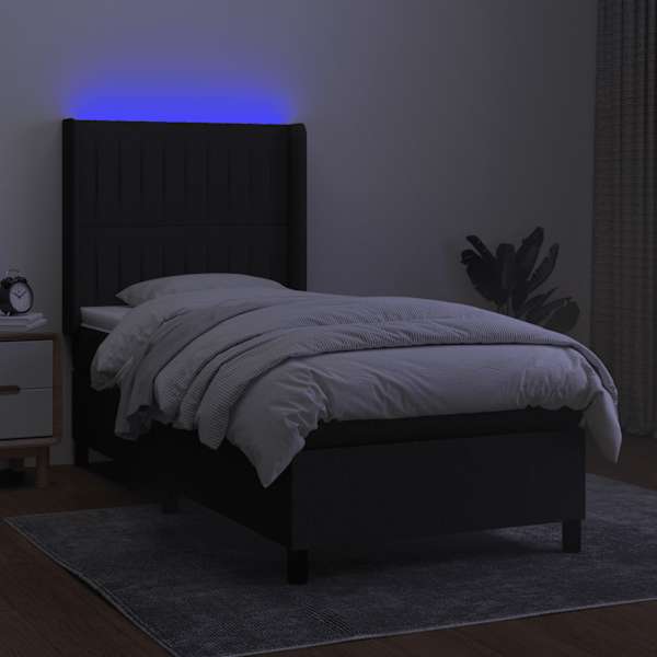 LED-valgustusega kontinentaalvoodi koos madratsiga, must, 90 × 190 cm, kangas — mudel 3138439
