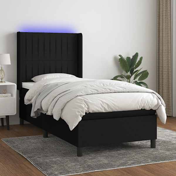 LED-valgustusega kontinentaalvoodi koos madratsiga, must, 90 × 200 cm, kangas — mudel 3138447
