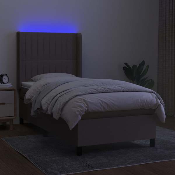LED-valgustusega kontinentaalvoodi koos madratsiga, pruunikashall, 90 × 200 cm, kangas — mudel 3138449