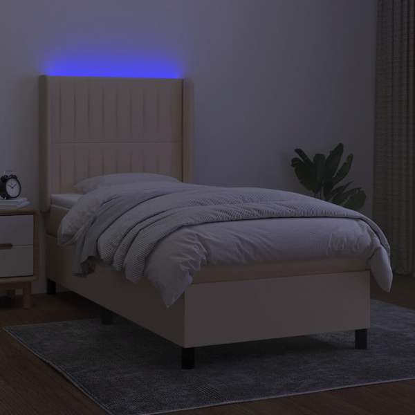 LED-valgustusega kontinentaalvoodi koos madratsiga, kreemjasvalge, 90 × 200 cm, kangas — mudel 3138450