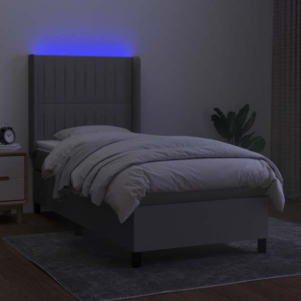 LED-valgustusega kontinentaalvoodi koos madratsiga, helehall, 100 × 200 cm, kangas — mudel 3138453