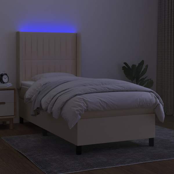 LED-valgustusega kontinentaalvoodi koos madratsiga, kreemjasvalge, 100 × 200 cm, kangas — mudel 3138458