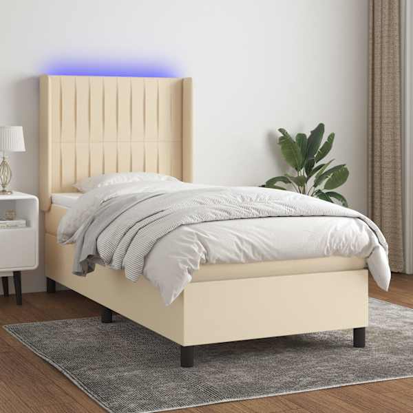 LED-valgustusega kontinentaalvoodi koos madratsiga, kreemjasvalge, 100 × 200 cm, kangas — mudel 3138458