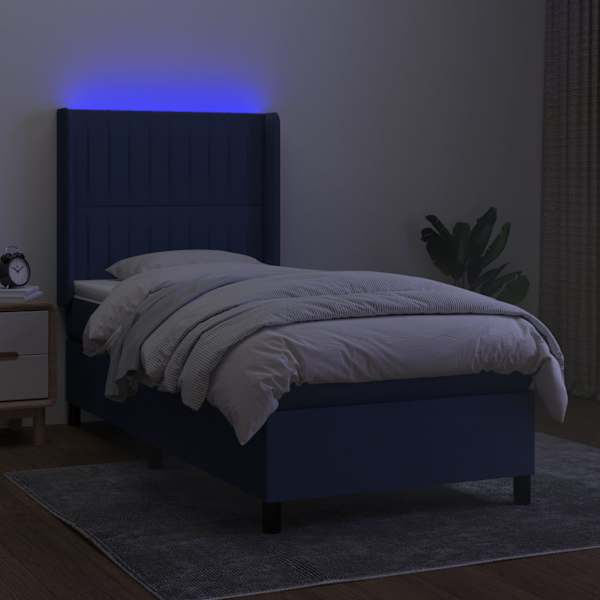 LED-valgustusega kontinentaalvoodi koos madratsiga, sinine, 100 × 200 cm, kangas — mudel 3138459