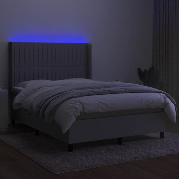 LED-valgustusega kontinentaalvoodi koos madratsiga, helehall, 140 × 190 cm, kangas — mudel 3138469