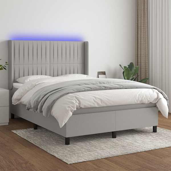 LED-valgustusega kontinentaalvoodi koos madratsiga, helehall, 140 × 190 cm, kangas — mudel 3138469