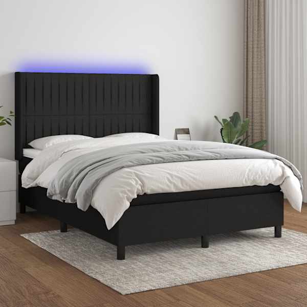 LED-valgustusega kontinentaalvoodi koos madratsiga, must, 140 × 190 cm, kangas — mudel 3138471