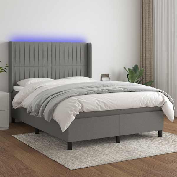 LED-valgustusega kontinentaalvoodi koos madratsiga, tumehall, 140 × 200 cm, kangas — mudel 3138478
