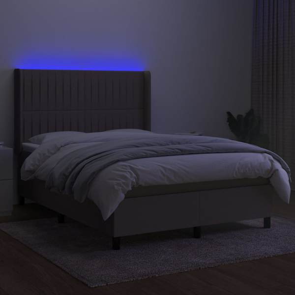 LED-valgustusega kontinentaalvoodi koos madratsiga, pruunikashall, 140 × 200 cm, kangas — mudel 3138481