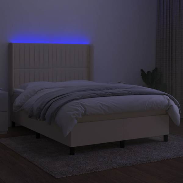LED-valgustusega kontinentaalvoodi koos madratsiga, kreemjasvalge, 140 × 200 cm, kangas — mudel 3138482