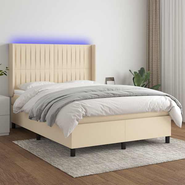 LED-valgustusega kontinentaalvoodi koos madratsiga, kreemjasvalge, 140 × 200 cm, kangas — mudel 3138482