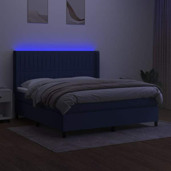 LED-valgustusega kontinentaalvoodi koos madratsiga, sinine, 160 × 200 cm, kangas — mudel 3138491