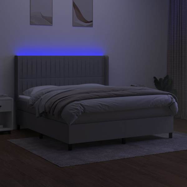 LED-valgustusega kontinentaalvoodi koos madratsiga, helehall, 180 × 200 cm, kangas — mudel 3138493