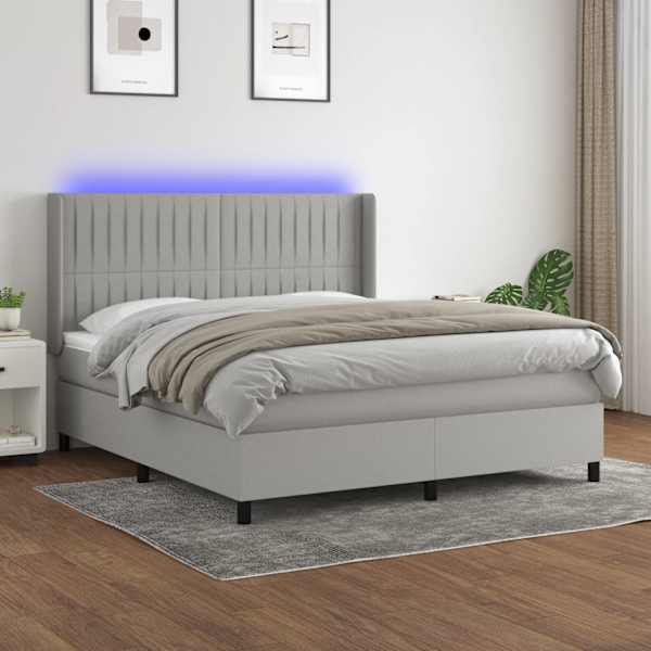 LED-valgustusega kontinentaalvoodi koos madratsiga, helehall, 180 × 200 cm, kangas — mudel 3138493