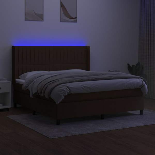 LED-valgustusega kontinentaalvoodi koos madratsiga, tumepruun, 180 × 200 cm, kangas — mudel 3138496