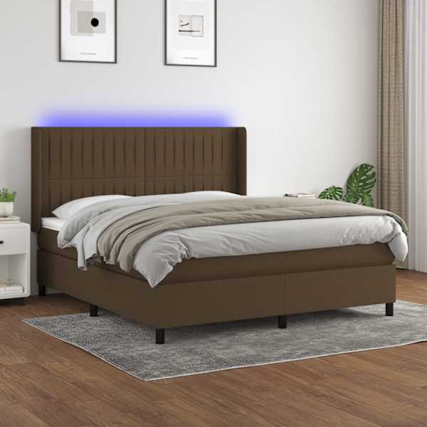 LED-valgustusega kontinentaalvoodi koos madratsiga, tumepruun, 180 × 200 cm, kangas — mudel 3138496