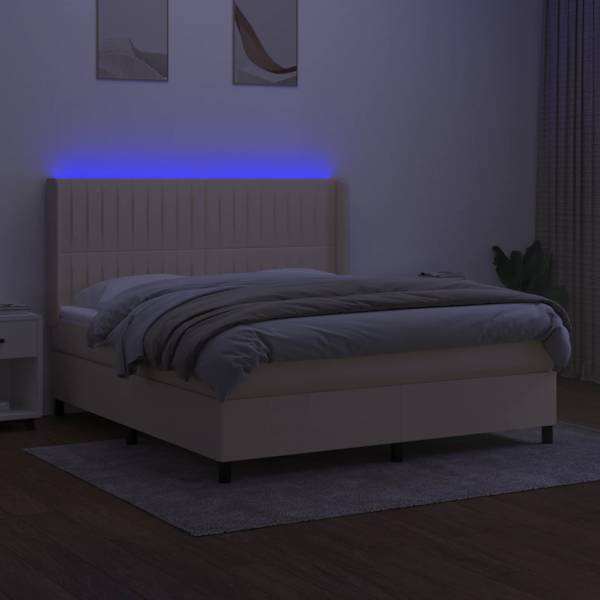 LED-valgustusega kontinentaalvoodi koos madratsiga, kreemjasvalge, 180 × 200 cm, kangas — mudel 3138498