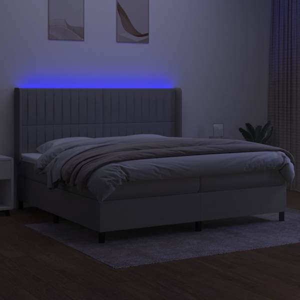 LED-valgustusega kontinentaalvoodi koos 2 madratsiga, helehall, 200 × 200 cm, kangas — mudel 3138501