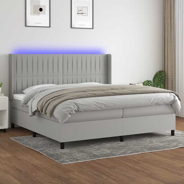 LED-valgustusega kontinentaalvoodi koos 2 madratsiga, helehall, 200 × 200 cm, kangas — mudel 3138501
