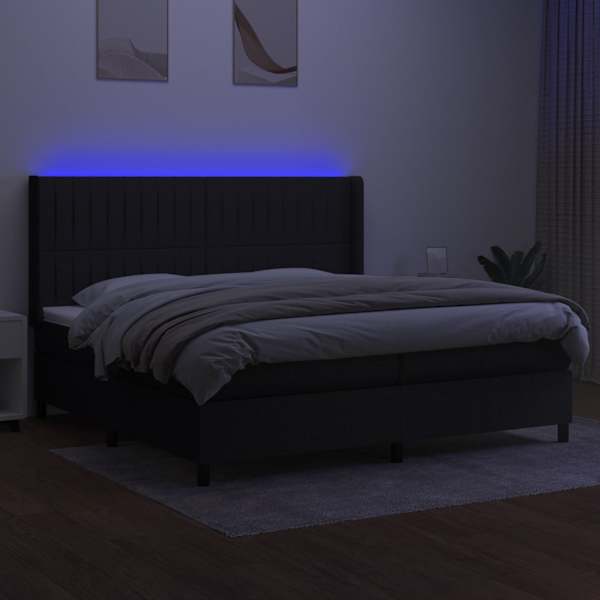 LED-valgustusega kontinentaalvoodi koos 2 madratsiga, must, 200 × 200 cm, kangas — mudel 3138503