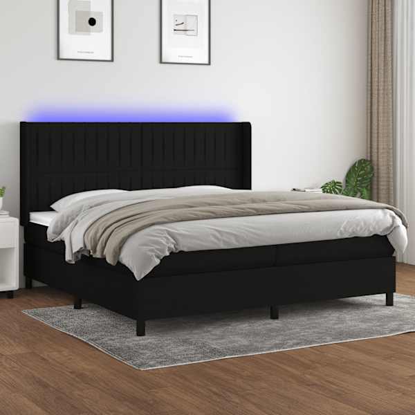 LED-valgustusega kontinentaalvoodi koos 2 madratsiga, must, 200 × 200 cm, kangas — mudel 3138503