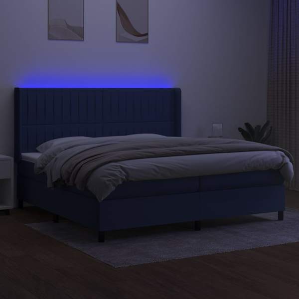 LED-valgustusega kontinentaalvoodi koos 2 madratsiga, sinine, 200 × 200 cm, kangas — mudel 3138507