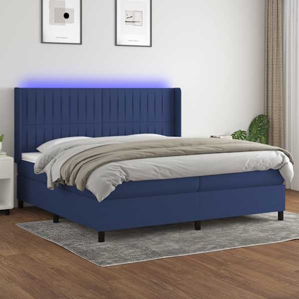 LED-valgustusega kontinentaalvoodi koos 2 madratsiga, sinine, 200 × 200 cm, kangas — mudel 3138507