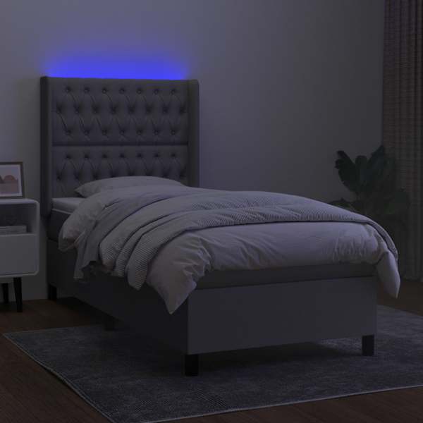 LED-valgustusega kontinentaalvoodi koos madratsiga, helehall, 90 × 190 cm, kangas — mudel 3138517
